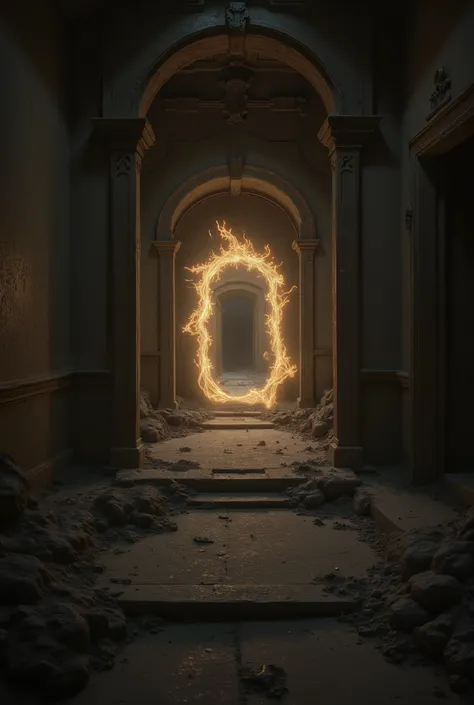 corridor with three open doors and darkness comes out of them, light comes out of one of the doors.