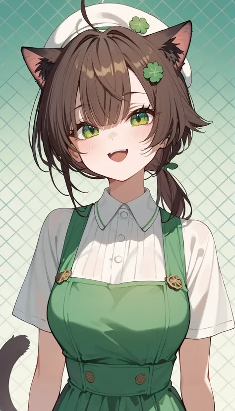 Catgirl ,, brunette,in Green Eye,Cool Hair Long Bob, Ahoge,slim, Tomboy,Fierce face, has a tail ,Grid Background, Milf, Two tone hair, pudding colour hair,upper body shape,Clover Hairpin,smile,, green dress,Open Shoulder Blouse, two-piece ,Short ponytail,S...