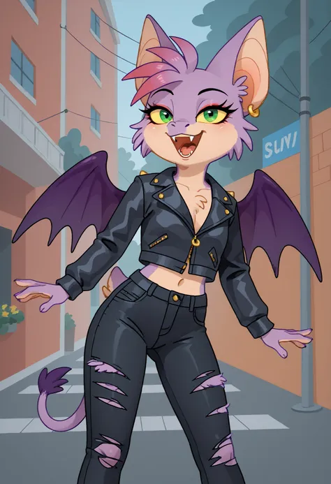 score_9, score_8_up, score_7_up, score_6_up, score_5_up, score_4_up, source_furry, solo, source_cartoon, Mizzi, yellow sclera, short tail, green eyes, purple fur, red bangs, eyelasher, purple wings, black leather jacket, black torn pants, gold earring, sho...