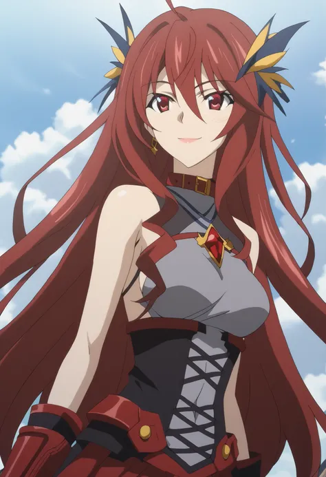 High quality, best quality, masterpiece, anime, newest, 1girl, solo, red eyes, black and red hair, two-tone hair, multicolored hair, colored inner hair, long hair, hair between eyes, ahoge, hair ornament, sleeveless shirt, bare shoulders, collar, necklace,...