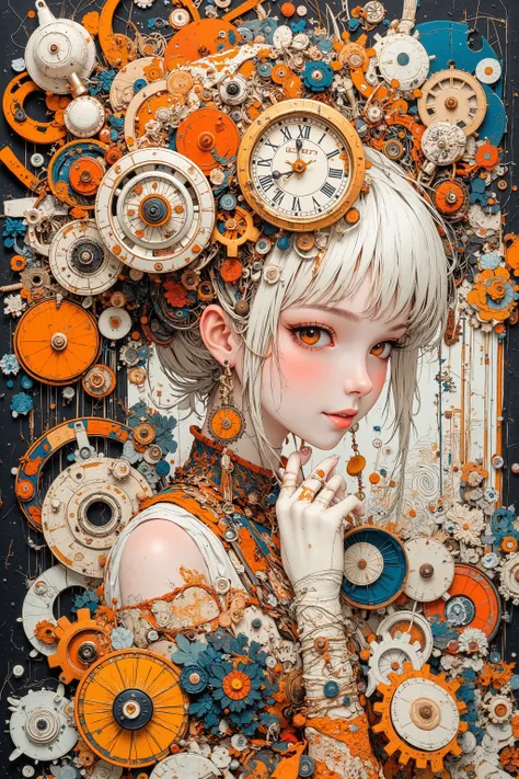 relief art.voluminous embroidery,knitting, Applied ,felt.voluminous embroidery,geisha Scenery.leotard、orange steampunk,((Paper Art))、geisha hairstyle intertwined with clockwork and gear,embossed to create three-dimensional shapes: Mysterious orange steamp...