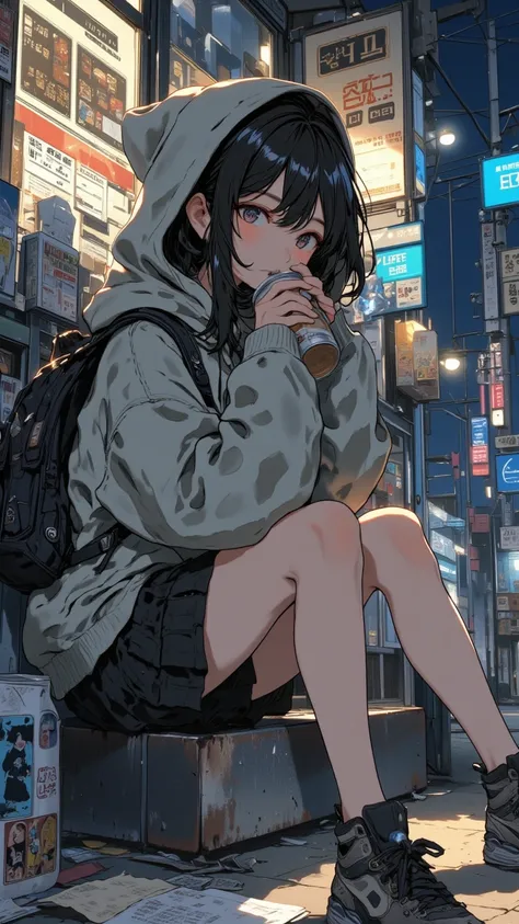 a beautiful Japanese girl wearing a large hoodie with the hood up, short pleated skirt, and worn sneakers, sitting outside a convenience store at night, drinking canned coffee with one hand, messy bangs, subtle dark circles under her eyes, soft wind gently lifting her hair, store light reflecting in her eyes, crumpled receipt and comic book on the ground, stylish yet tired expression, cinematic atmosphere, shallow depth of field, neo-style lighting and colors, highly detailed, masterpiece, ultra clean rendering

