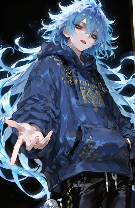 Mature man, man, one man,BREAK Disney Twisted-Wonderland,Disney Twisted-Wonderland_idia shroud, idia shroud, Male, man, standing, serious, yellow eyes, blue lip , burnt blue hair, Dark blue roots, gradation hair, burnt light blue hair, long hair, bangs,Yel...