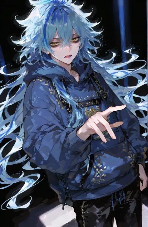 Mature man, man, one man,BREAK Disney Twisted-Wonderland,Disney Twisted-Wonderland_idia shroud, idia shroud, Male, man, standing, serious, yellow eyes, blue lip , burnt blue hair, Dark blue roots, gradation hair, burnt light blue hair, long hair, bangs,Yel...