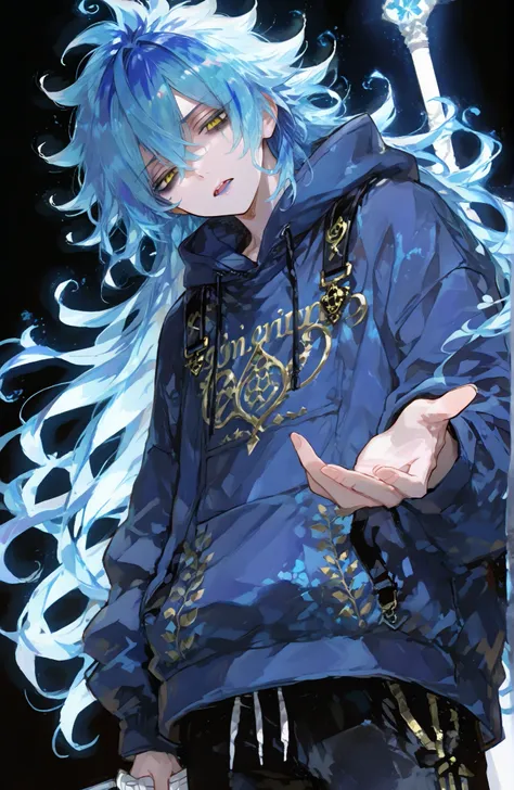 Mature man, man, one man,BREAK Disney Twisted-Wonderland,Disney Twisted-Wonderland_idia shroud, idia shroud, Male, man, standing, serious, yellow eyes, blue lip , burnt blue hair, Dark blue roots, gradation hair, burnt light blue hair, long hair, bangs,Yel...