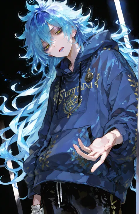 Mature man, man, one man,BREAK Disney Twisted-Wonderland,Disney Twisted-Wonderland_idia shroud, idia shroud, Male, man, standing, serious, yellow eyes, blue lip , burnt blue hair, Dark blue roots, gradation hair, burnt light blue hair, long hair, bangs,Yel...