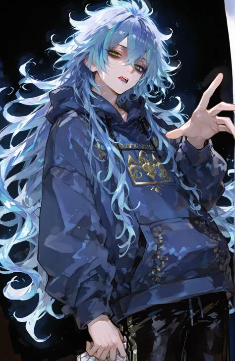 Mature man, man, one man,BREAK Disney Twisted-Wonderland,Disney Twisted-Wonderland_idia shroud, idia shroud, Male, man, standing, serious, yellow eyes, blue lip , burnt blue hair, Dark blue roots, gradation hair, burnt light blue hair, long hair, bangs,Yel...