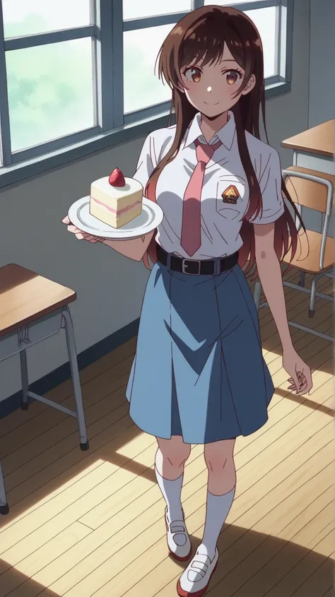 score_9, score_8_above, score_7_above, Alone,1girl, chizuru ichinose, full body, shot of a cowboy,holding a cake in their hands, watching the spectator, in front,  with a soft smile ., long hair, bangs, brown hair, brown eyes, one side above,medium breasts, tucked in  shirt sma ,  tie sma ,  belt sma , sm skirt ,  shirt sma , sm skirt ,  in the classroom , windows, chair, ,  smile, Sunlight, socks, Anime screenshot,  Dutch throw 