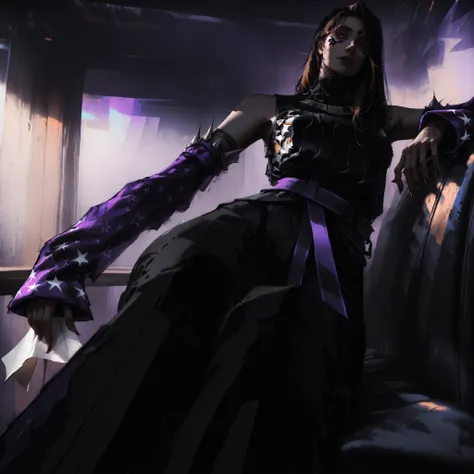 artist: wlop, masterpiece, best quality, illustration,( a woman with pale skin), black hair, straight long length hair, brown eyes, detailed face, wearing black pants with a sash wrapped around her waist, black sleeveless top with white star patterns, patt...