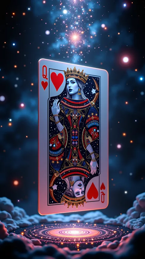 The Queen of Hearts card transforms into a 3D hologram that appears to be made of cosmic energy. As the Queen emerges, stars and galaxies swirl around him, creating a sense of traveling through the universe. The Queen's attire is adorned with celestial pat...