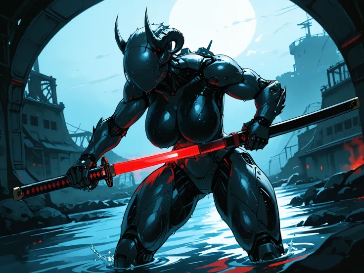 (anime coloring),(anime style),(masterpiece:1.2), (best quality:1.2), (very aesthetic:1.2), (absurdres:1.2), (detailed background:1.2),(newest),(highly detailed),(dynamic lighting), Deathclaw (fallout), 1girl, solo, (((eyeless))), android, (((smooth head))...