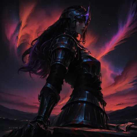 artist: wlop, masterpiece, best quality, illustration,( a woman with pale skin), black hair, long hair, brown eyes, detailed face, wearing black full plate armor, wearing black heavy plated armor, holding normal iron sword, fantasy, perfect anatomy, detail...