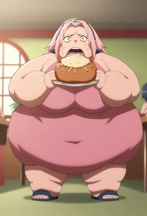 Phyrne Jameel, score_9, score_8_up, score_7_up, score_6_up, score_5_up, score_4_up, BREAK, source_anime,
1girl, haruno sakura, pink hair, long hair, green eyes, pajama,
Full body shot, bedroom, looking at viewer, solo, anime screencap, anime coloring  fat,...