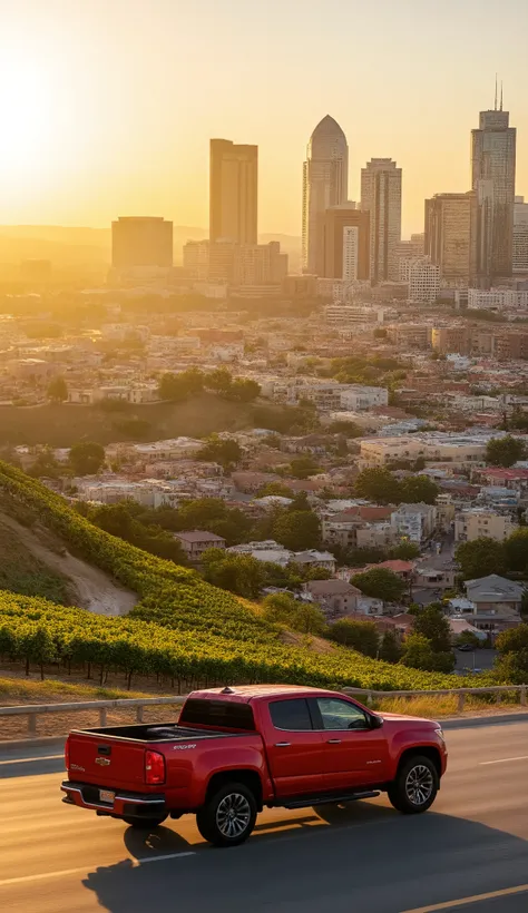 high res images 、The cityscape of Fort Worth in Texas、 Buildings and private houses are lined up far away 、 Morning Sun、Make a detailed image of the cityscape、Running with a red pickup 、You can see the hilly vineyard area from the cityscape。