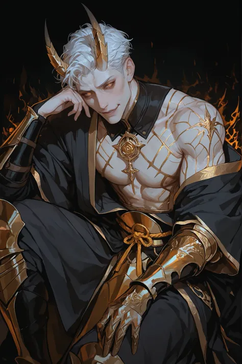masterpiece, best quality, amazing quality, hyper-detailed, newest, very aesthetic, (1man, adult male), fair skin, white hair, middle, short hair, diffused light, absurdres, highres, dark background, golden eyes, bright eyes, smirk smile, golden oni short ...