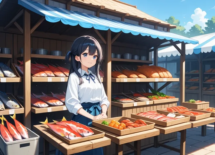 Fish market under the blue sky, one girl
