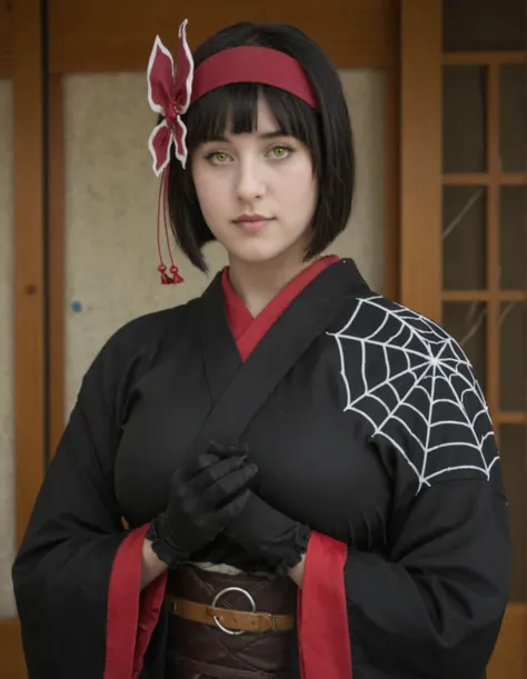Hyperrealistic art IllusP0s, full body shot, smooth face . Extremely high-resolution details, photographic, realism pushed to extreme, fine texture, incredibly lifelike, expressive eyes, perfect face, (huge breasts,large breasts:1.2), black gloves, bow, ki...