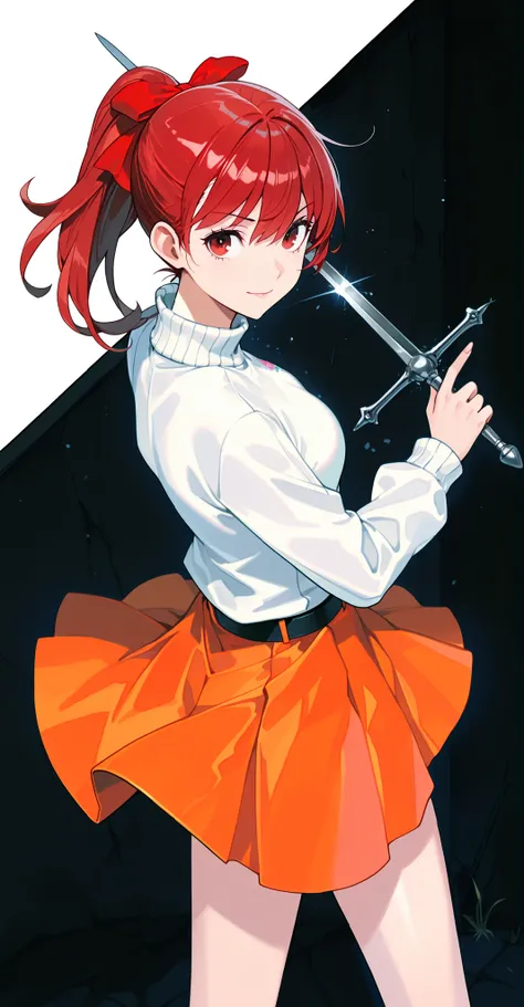 Yoshizawa Kazumi,faint smile:1.3,masterpiece,rich colors, combat preparation pose,1girl,throw,holding an iron rapier,dynamic pose,Fizawa Winkas, white sweater, turtleneck sweater, long sleeve, Black Belt, orange skirt showing shoulder and arm skin, black s...