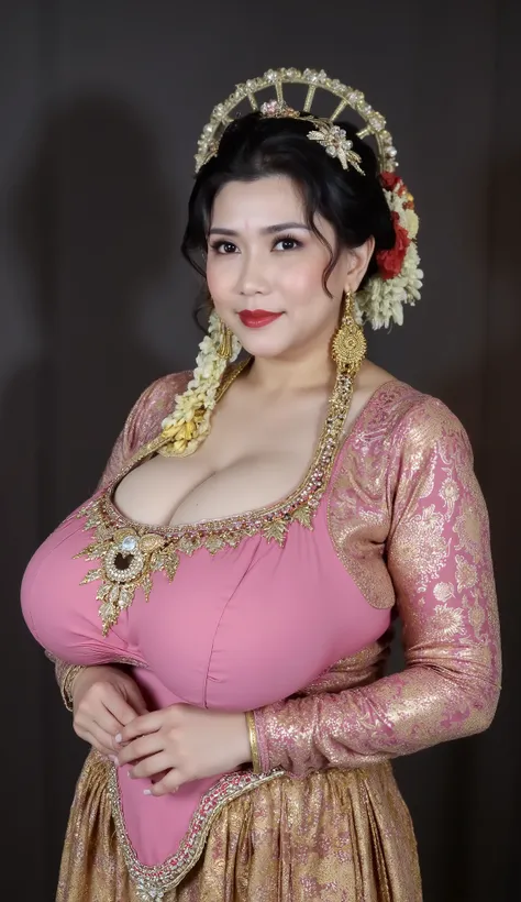 A beautiful indonesian mom 45s has plump body , dressed in traditional Javanese formal attire, She wears a wearing a pink kebaya with gold ornament , paired with a beautifully patterned batik kain in earthy tones . His outfit is completed with a gold-accen...