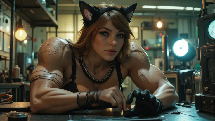 Viola_Bailey-v1_2,hyper-muscular. Cat-Ear Lab — with just one meow, the experiment... succeeded. Highly defined body, highly defined muscles, extremely detailed realistic natural skin with skin pores, dark tanned skin, glimmering skin, perfect hands, perfe...