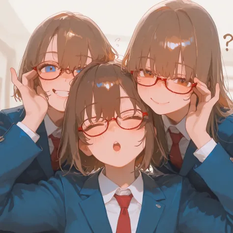 long_hair, looking_at_viewer, blush, smile, short_hair, open_mouth, bangs, blue_eyes, multiple_girls, brown_hair, shirt, long_sleeves, 2girls, brown_eyes, school_uniform, jacket, white_shirt, upper_body, one_eye_closed, necktie, glasses, collared_shirt, tw...