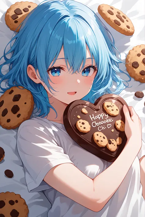 笑い泣き, big chocolate chip cookie, blue hair, 
