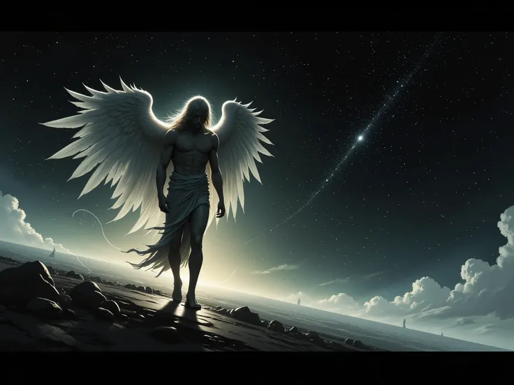A tired angel wanders home among the stars