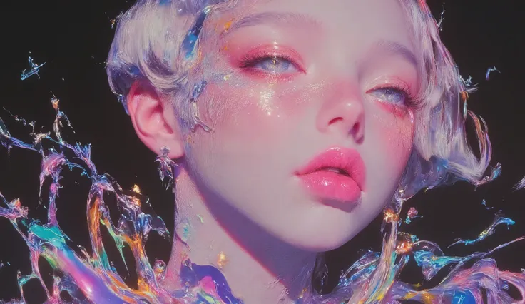 xijie_mihuan,cefp,Extreme close-up portrait of a woman with platinum blonde hair in a hyper-short pixie cut and blunt bangs, featuring fair, porcelain skin with cool undertones typical of Scandinavian beauty. She wears silver cross earrings and has vivid ...
