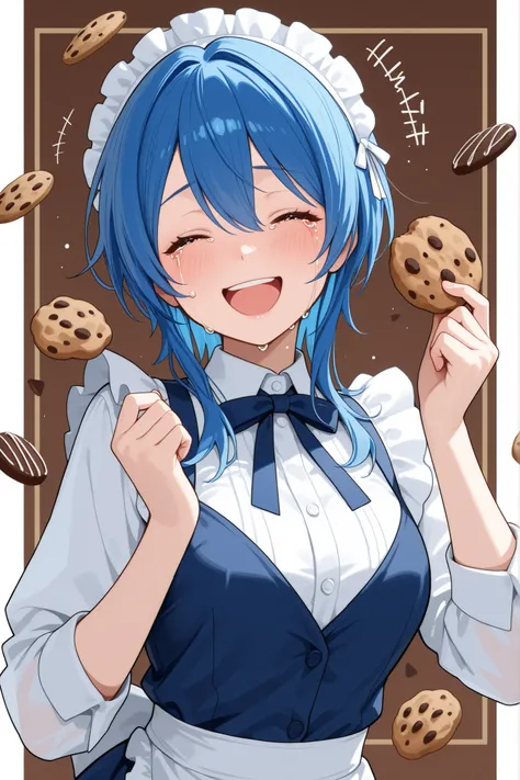 Laughing and crying, big chocolate chip cookie, blue hair, 