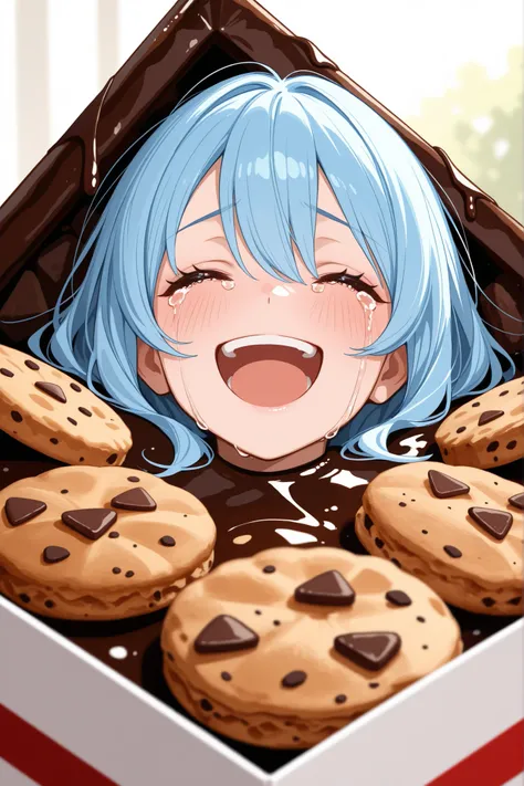 Laughing and crying, big chocolate chip cookie, blue hair, 