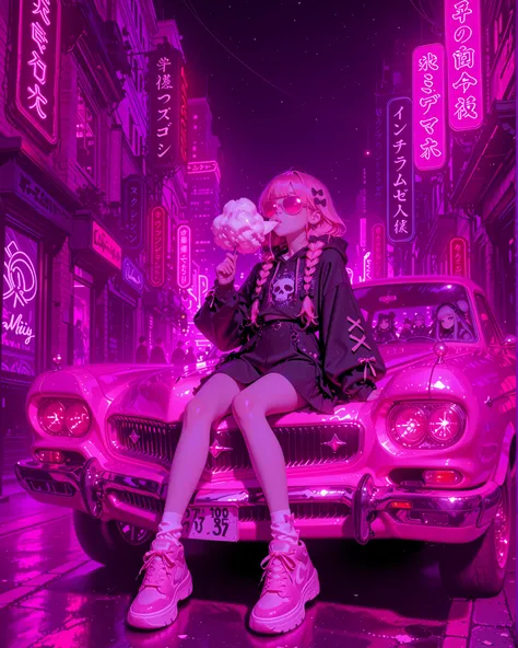 A peculiar Japanese couple in colorful Harajuku fashion mixed with pastel colors Gothic aesthetics. You sit on the hood of a vintage pink Cadillac, with joy eating cotton. Your outfits combine pastel shades with gothic accessories: bows , Seil, Sneaker mi...