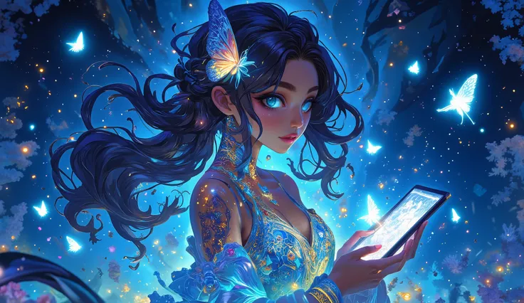 Masterpiece, detailed image, vivid colors, 4k, cinematic photography, dynamic angle, perfect human anatomy, an androgynous marine-themed mascot, dark brown or tan skin, shining with pearly hues, her hair flows like seaweed, in shades of dark blue, floating...