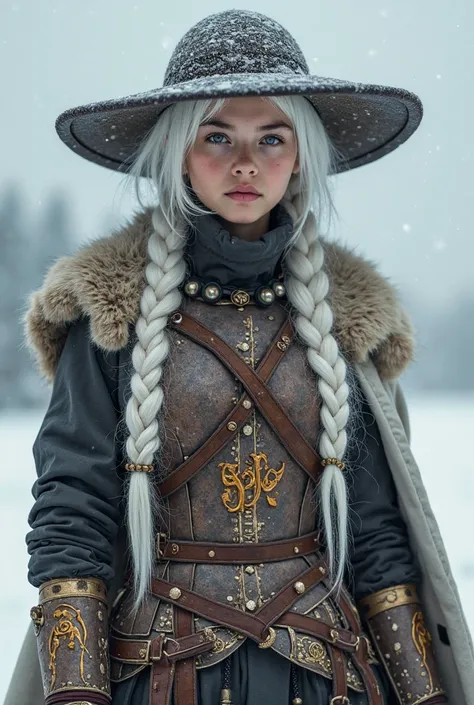 (Highly Detailed) (Realistic) 
Swashbuckler Dandy Woman with Long White Partly braided hair in a Tundra Environment. She wears a Fire Crystal Steampunk Style armor. A Wintercoat is slung over her shoulders. She faces Forward. Her facial Features hidden und...