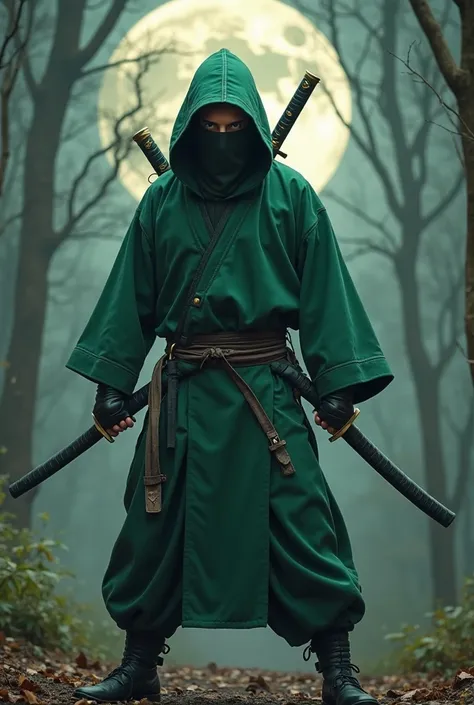 Ninja in a traditional green suit, full body, Katana on the left hip, katana on the right hip, katana wall background on the back, attack pose while holding the handle of the back katana without unsheathing, in the background of a forest with life under th...