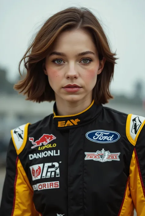 Emma Myers wearing the race driver's uniform