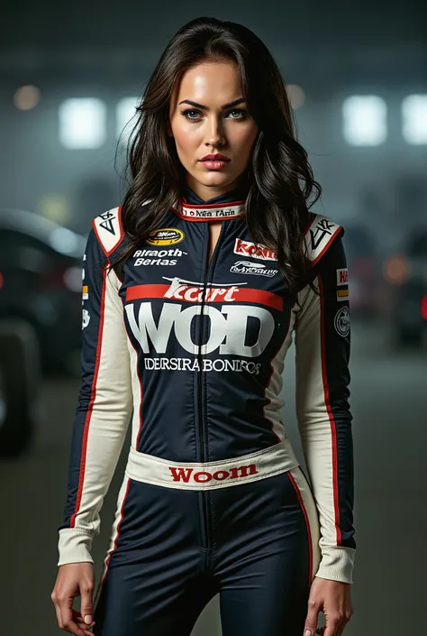 Megan Fox wearing the race driver's uniform