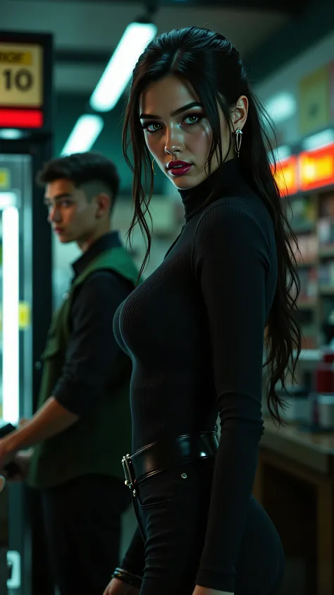 photo of a ultra realistic of a extremely hot girl named jill robbing a store clerk at a Convenience Store at midnight, +1girl, jill is holding the cashier at gunpoint, jill is wearing all black, +1boy, cashier is male and he is wearing a green cashier uni...
