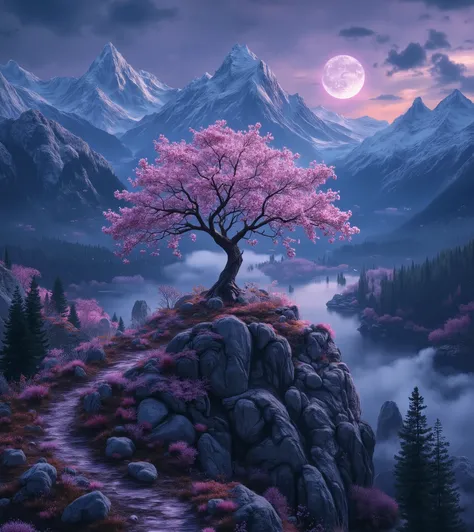 a cherry tree on top of a mountain,,montanhas ao redor,river passing under,full moon behind the tree.