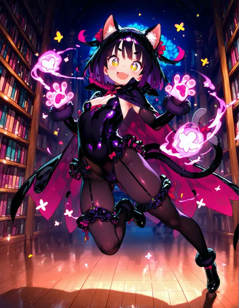 Highest Quality、anime style、masterpiece、the moment when the little devil with cat ears raises one leg and loses balance after being caught in a glowing magic trap、the fluffy tail is jumping up、the costume is a black frilly bodysuit、Purple Knee-High、The bac...