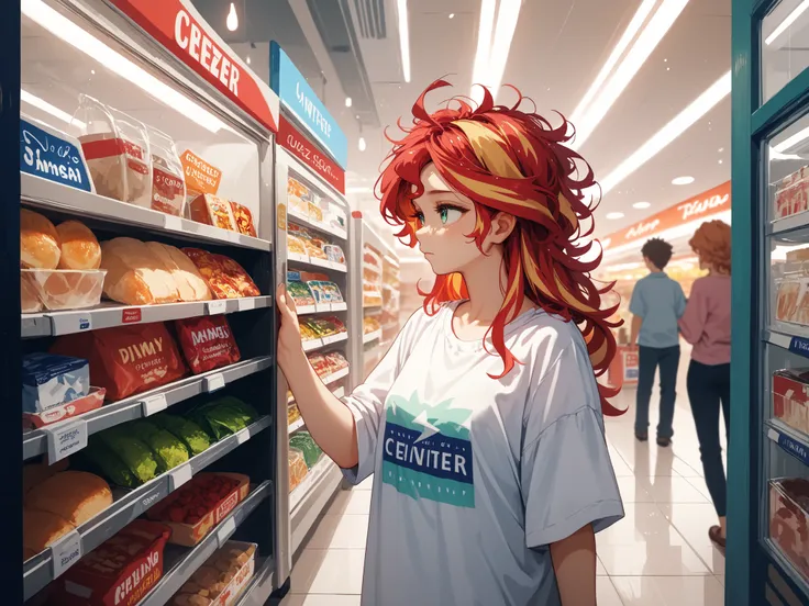 Inside an old convenience store at night, convenience store interior, in profile, Sunset shimmer, standing and looking into a freezer, holding freezer door open, messy hair, sleepy, Vacant expression, wearing an oversized shirt, dim lightning, very detaile...