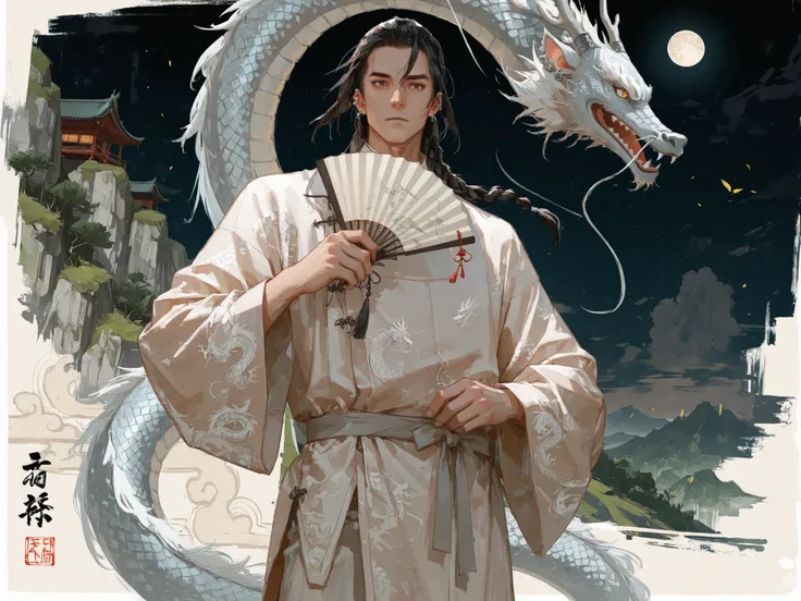 medium shot, front shot, looking at viewers, makes an aesthetic, Master piece, Best Quality, ultra detailed, a handsome man, (man:1.6), solo, (male:1.6) long Hair, black hair, male hair braid, toned, white Chinese tunic suit with silver dragon pattern, ear...
