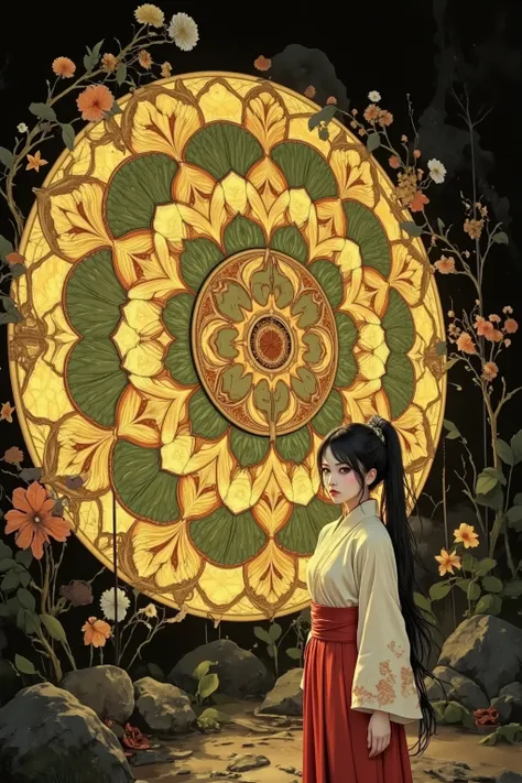 scene where a woman wearing a shrine maiden costume stands in front of a super giant mandala。mandala is huge in size, taking up more than half of the screen, and、green、red、geometric patterns composed of yellow are drawn in detail。greenとオレンジ色の葉の装飾が外縁を飾る。Figures that emerge brightly against a black background、A very big black flower at your feet々 is blooming in the full view。Exquisite Details、4K high definition、realistic texture、Professional Techniques、Expression of Delicate Skin、vivid colors、bokeh light effect、A Japanese Portrait with an Esoteric Atmosphere。surrealism、Symbolic Art 、top quality、High Definition、masterpiece、super definition、absurd。