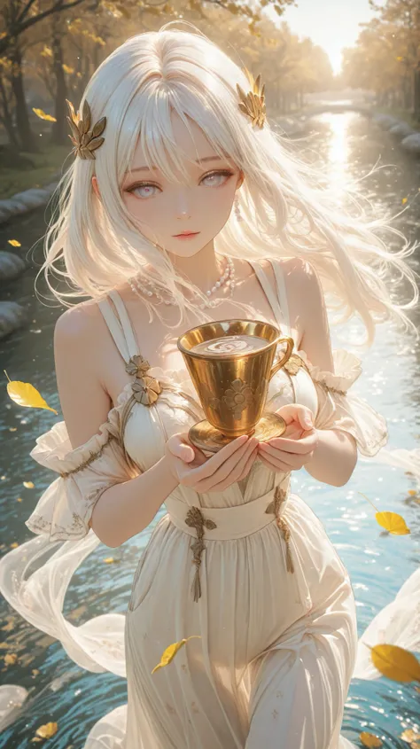 Dynamic perspective angle shot, A digital art image shows an angel with a gold cups, long white hair, beautiful light pearl colors eyes, both hand has a cup. She looks calm and focus .She wears light-weight flowing fabric . stand in the river . The back...