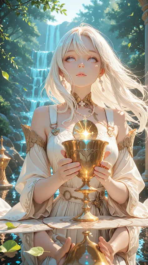 Dynamic perspective angle shot, A digital art image shows an angel with a gold cups, long white hair, beautiful light pearl colors eyes, both hand has a cup. She looks calm and focus .She wears light-weight flowing fabric . stand in the river . The back...
