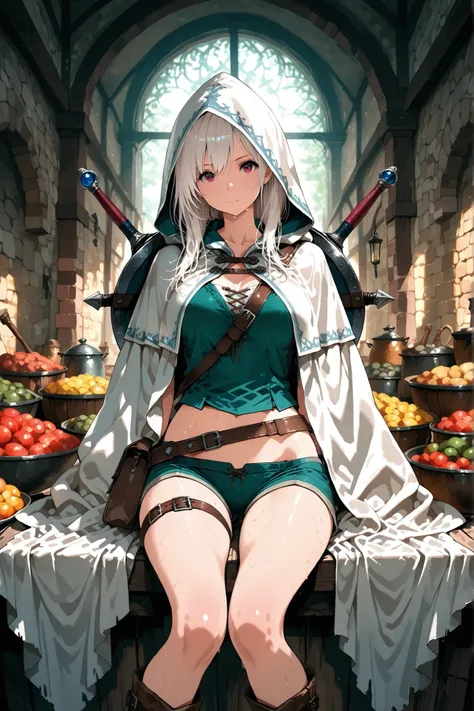 8k, fantasy world, female character, 1girl, high detailed clothes, light clothes, lowleg, shorts, thigh belt, boots, slender body, medium chests, thighgap, pigeon toed, white long cloak with hoodie, long hairstyle, thin hair, many items, (many adventures),...