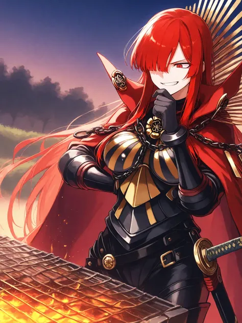 score_9, score_8_up, score_7_up, source_anime,  oda nobunaga maou, hair over one eye, long hair, red eyes, red hair, large breasts,, armor, belt, black bodysuit, bodysuit, bracer, breastplate, cape, chain, collared cape, family crest, medallion, oda uri, p...