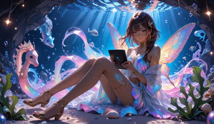 Masterpiece, detailed image, vivid colors, 4k, cinematic photography, dynamic angle, perfect human anatomy, an androgynous marine-themed mascot, dark brown or tan skin, shining with pearly hues, her hair flows like seaweed, in shades of dark blue, floating...