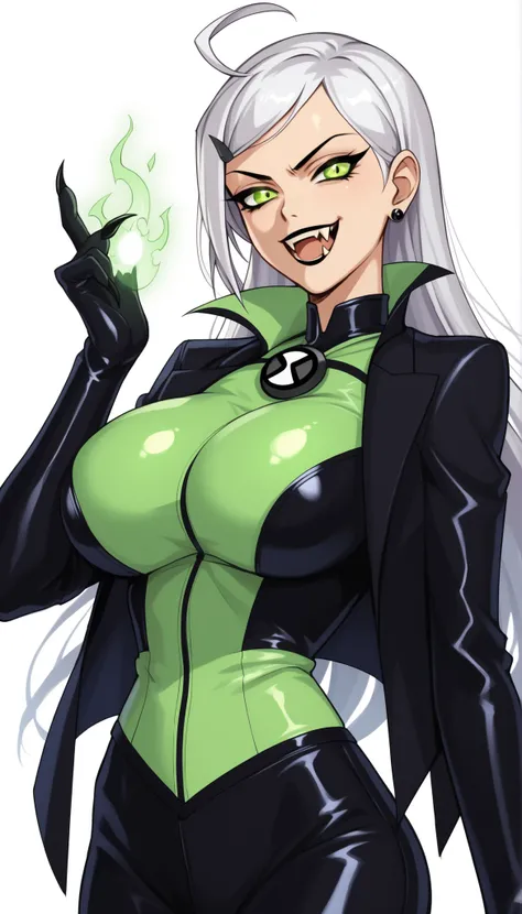 vampire moka akashiya, long hair, green eyes, ahoge, white hair, light smile, Shiny Hair, race queen outfit, large breasts, Tight waist, fang, vampire fang, Small waist, Glowing Skin, (white background:1.2), Beauty, bodysuit, big breasts, fullbody, green b...