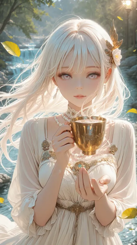 Dynamic perspective angle shot, A digital art image shows an angel with a two gold cups, long white hair, beautiful light pearl colors eyes, left hand a cup, right hand a cup. She looks calm and focus .She wears light-weight flowing fabric . stand in the...