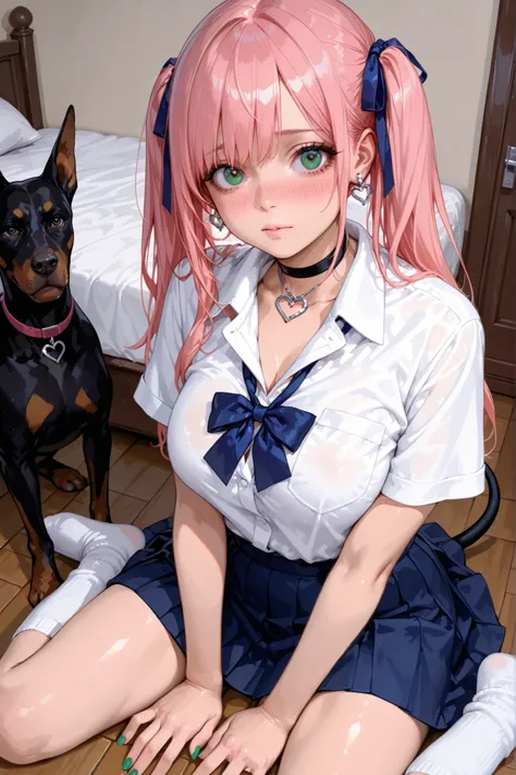 Daytime、Home Bedroom、The bedroom wall is white、 the floor is white 、sitting on the floor、one girl、white short sleeve school shirt with no pattern、nothing blue school ribbon、Nothing Blue School Skirt、black choker with heart pendant、heart shaped silver earri...